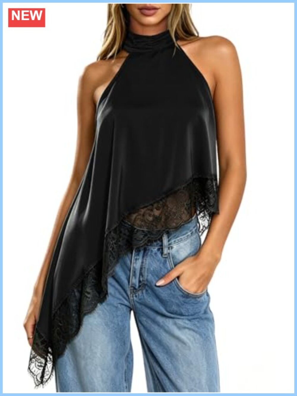 Womens Satin Lace Halter Tank Top Sleeveless Asymmetrical Hem